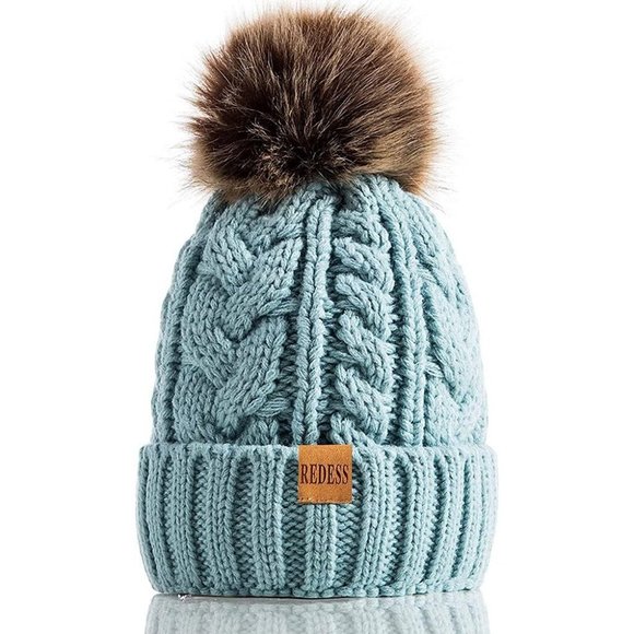 Womens Winter Warm Fleece Lined Knitted Soft Ski Cuff Beanie Hat with Pom Pom